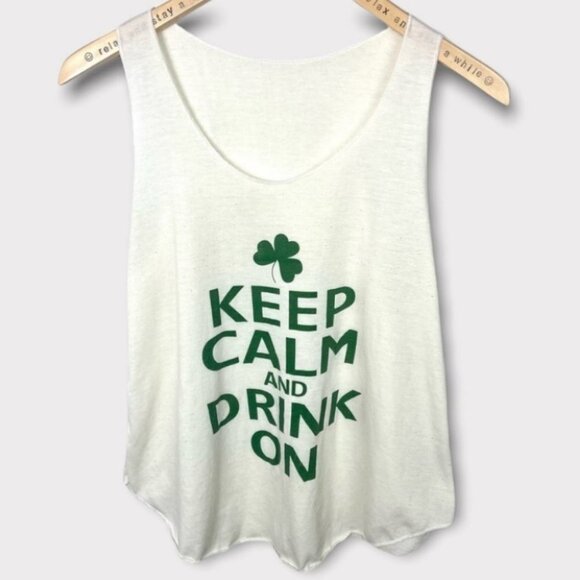 St. Patricks Day Tank Top Keep Calm Drink On Clover Paddys White Size Medium Tee - Picture 1 of 6